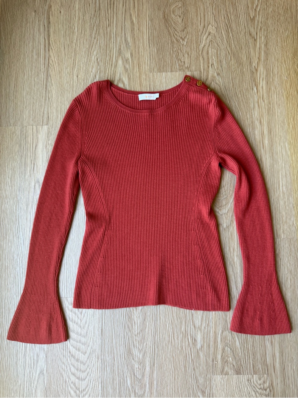 Tory Burch Rust Ribbed Knit Sweater Gold Logo Buttons Bell Sleeve M